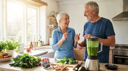 Casal sênior ativo e saudável preparando bebida natural funcional na cozinha